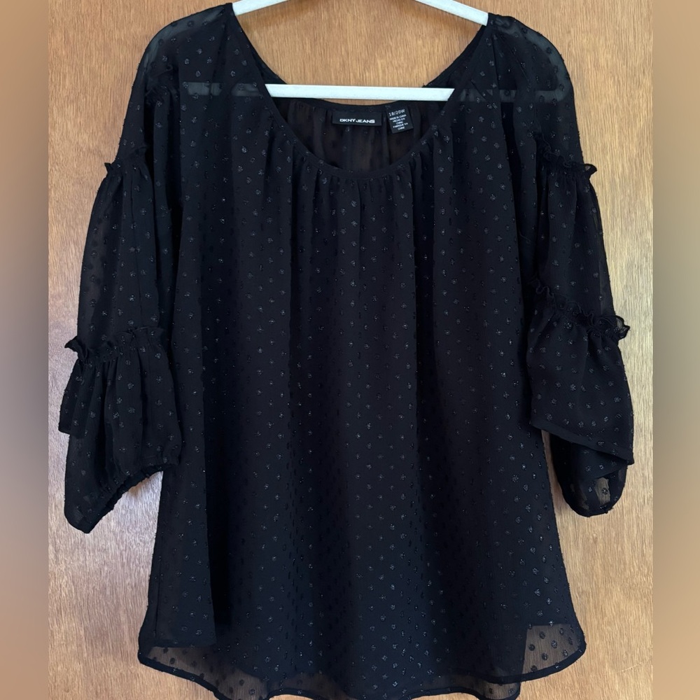 DKNY JEANS Black Sheer Blouse with Ruffle 3/4 Sleeves - 18/20W